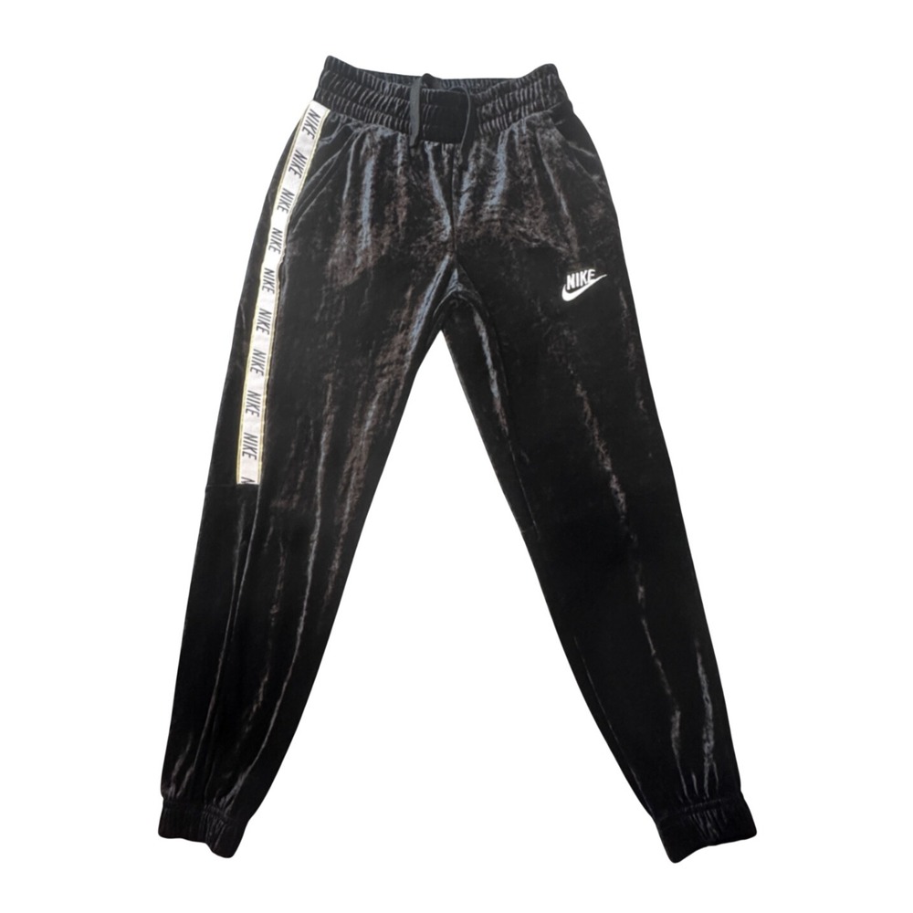 Nike Joggers Women XS Black Crushed Velvet DM2354-010 Sportswear Logo Tape Pants